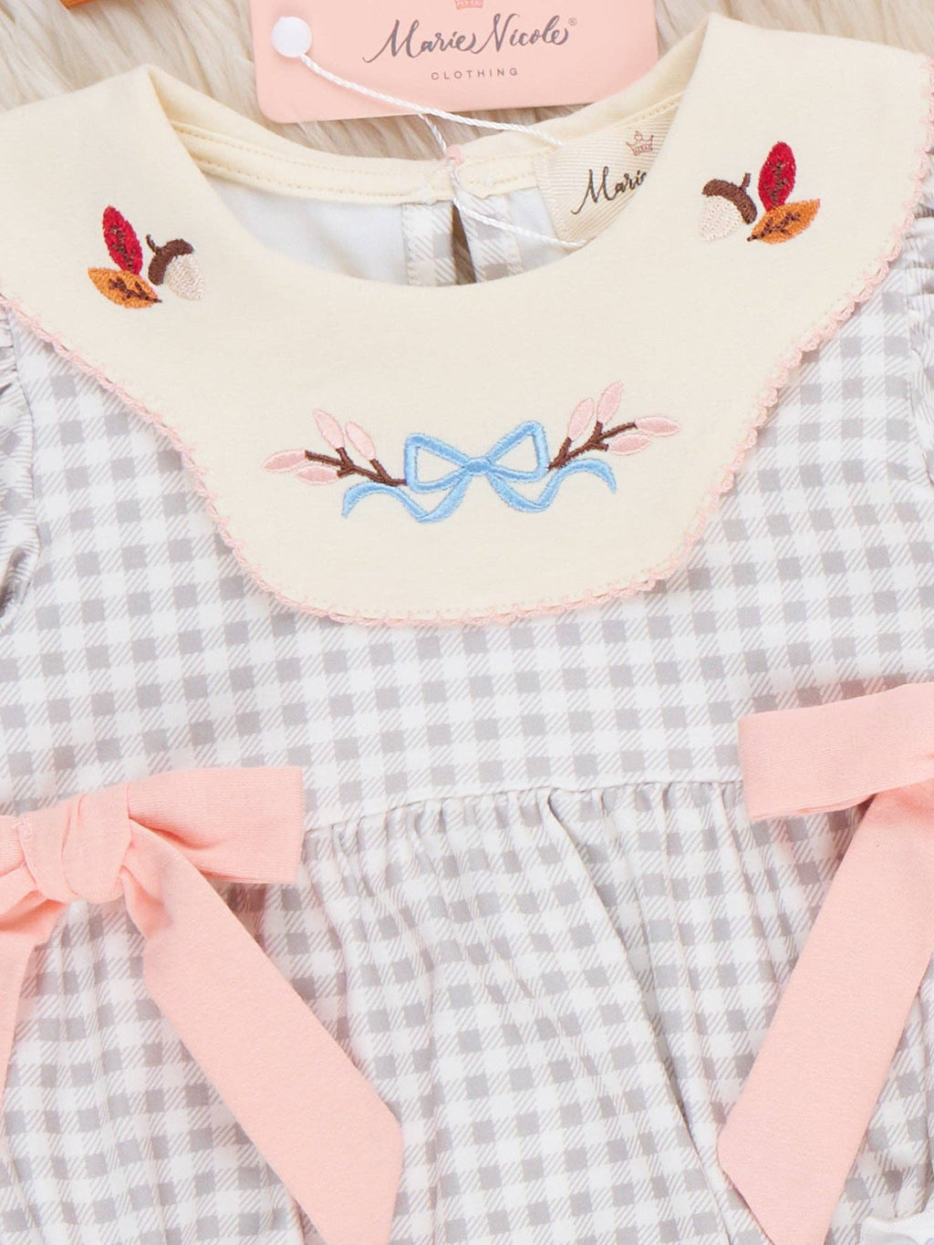Autumn Acorns Bows Embroidered Plaid Bubble Romper