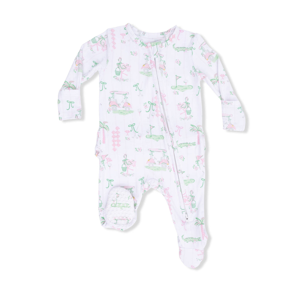 Pretty Golf Ruffle Back 2-Way Zipper Footie with Knotted Hat