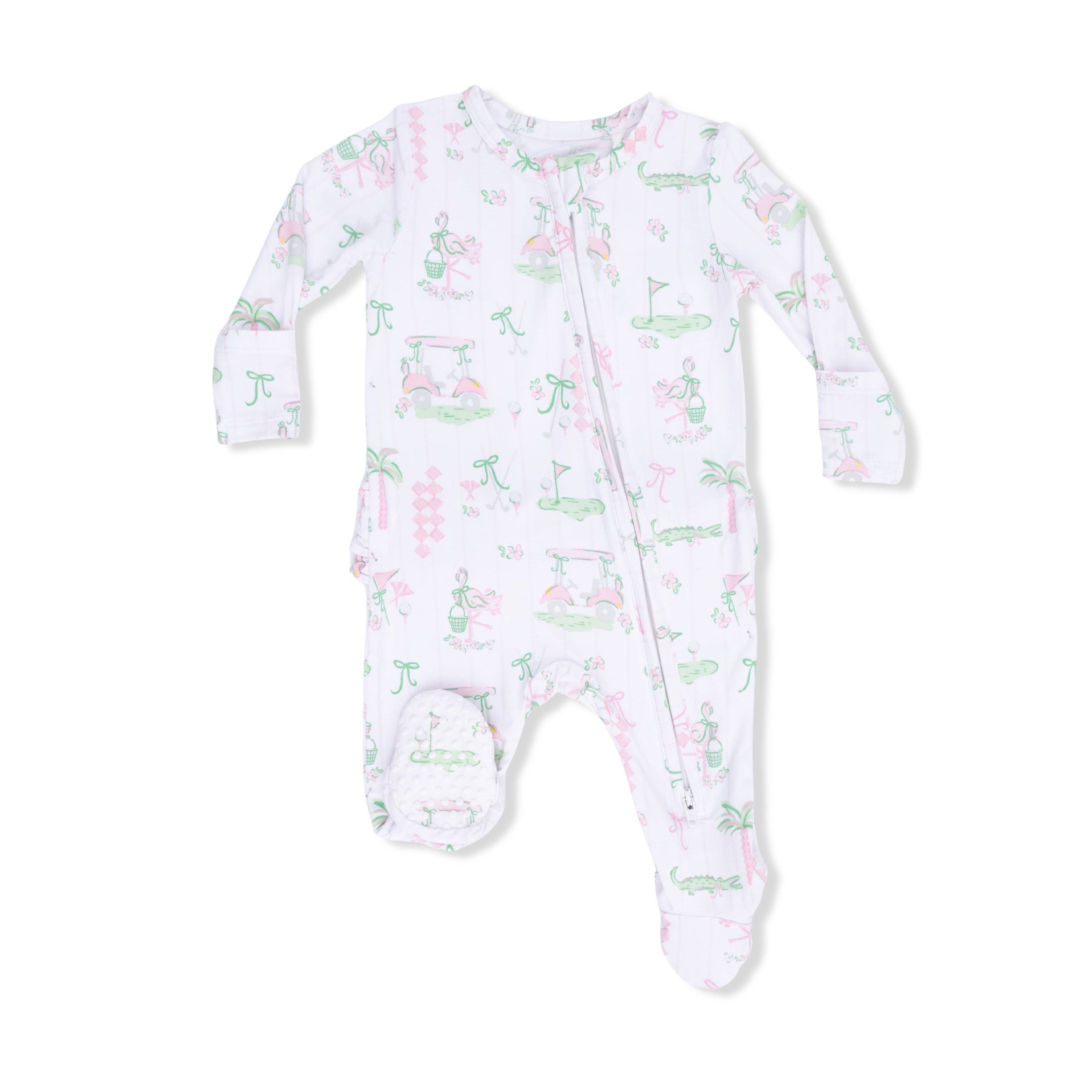Pretty Golf Ruffle Back 2-Way Zipper Footie with Knotted Hat