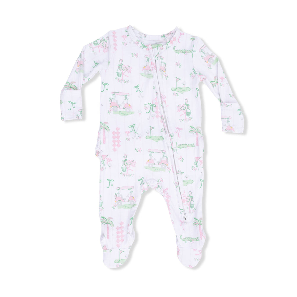 Pretty Golf Ruffle Back 2-Way Zipper Footie with Knotted Hat