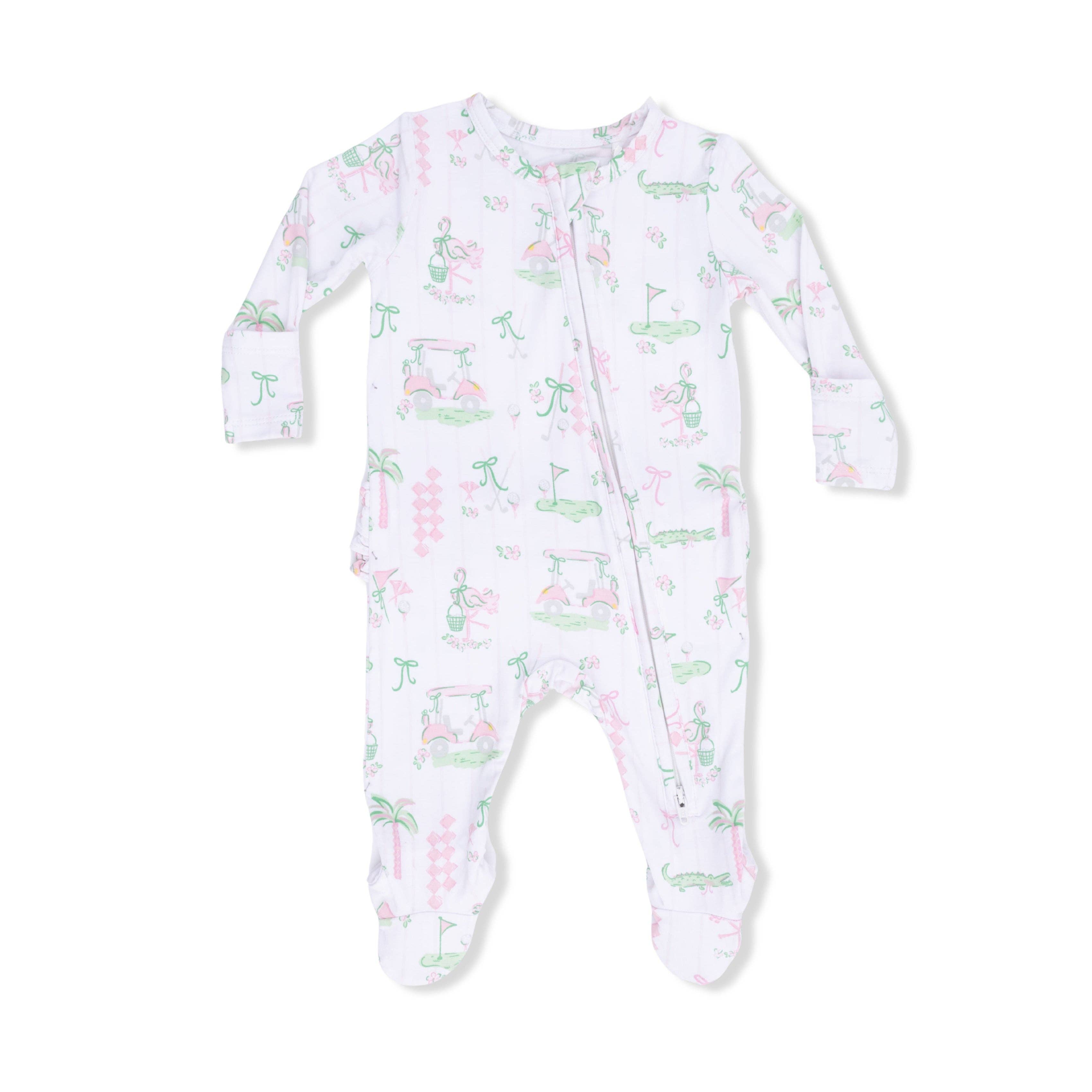 Pretty Golf Ruffle Back 2-Way Zipper Footie with Knotted Hat