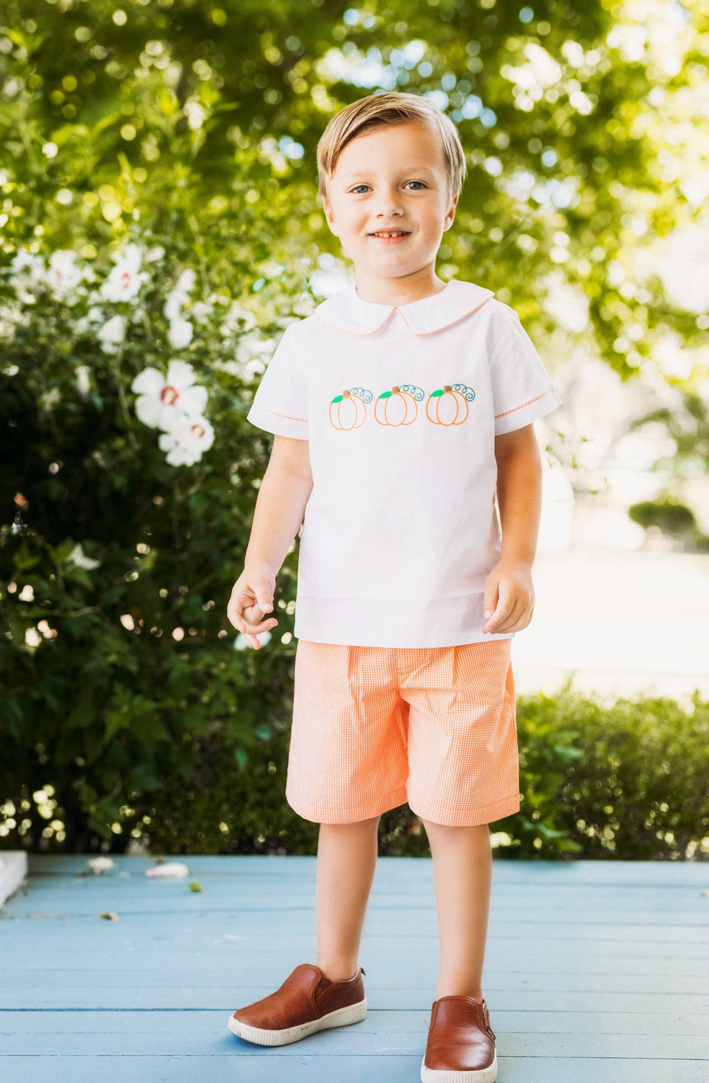 Proper Pumpkins Embroidered Orange Gingham Shorts Set