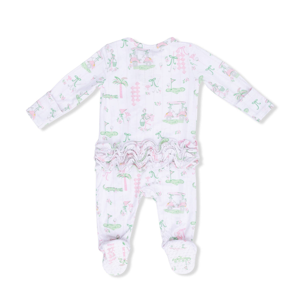 Pretty Golf Ruffle Back 2-Way Zipper Footie with Knotted Hat