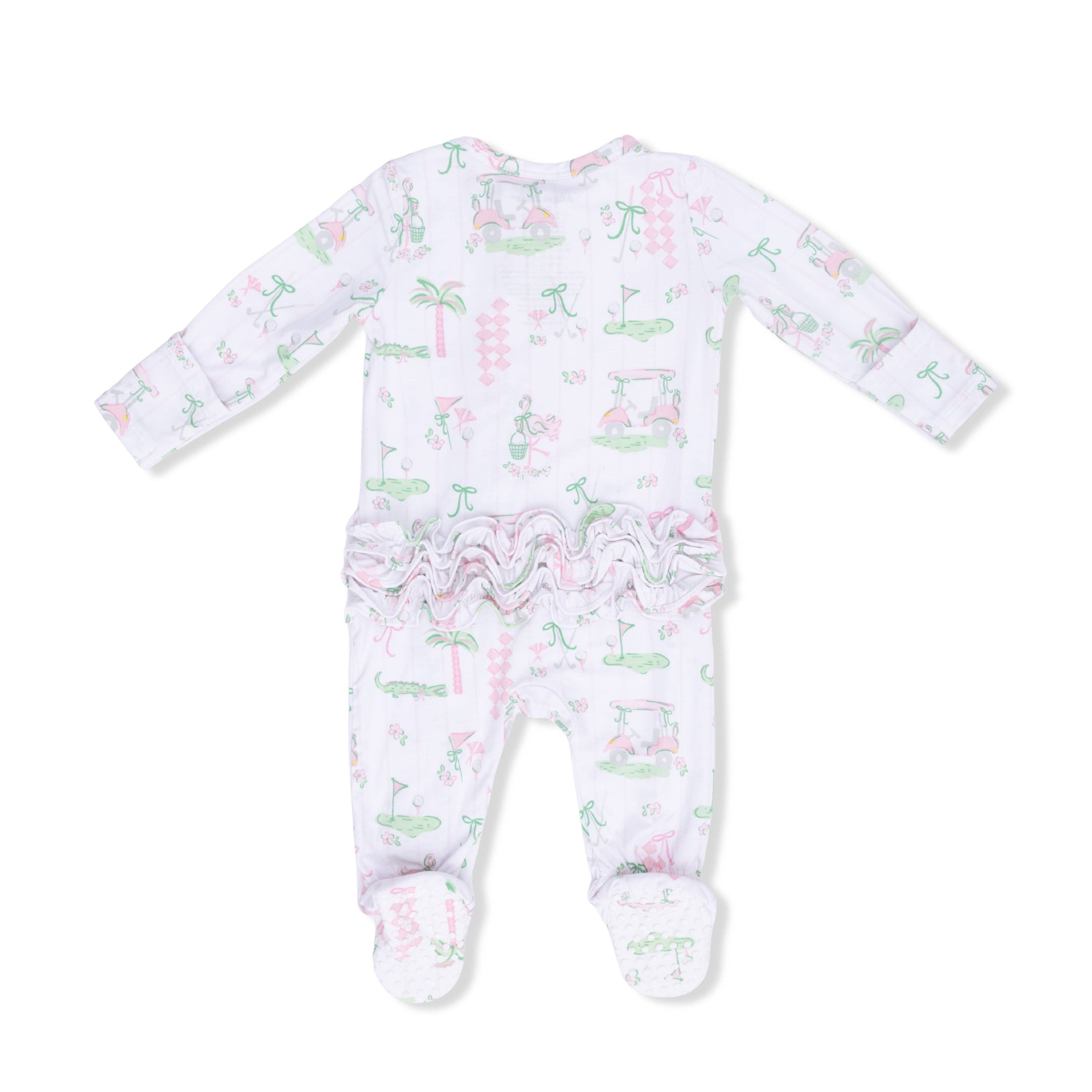 Pretty Golf Ruffle Back 2-Way Zipper Footie with Knotted Hat