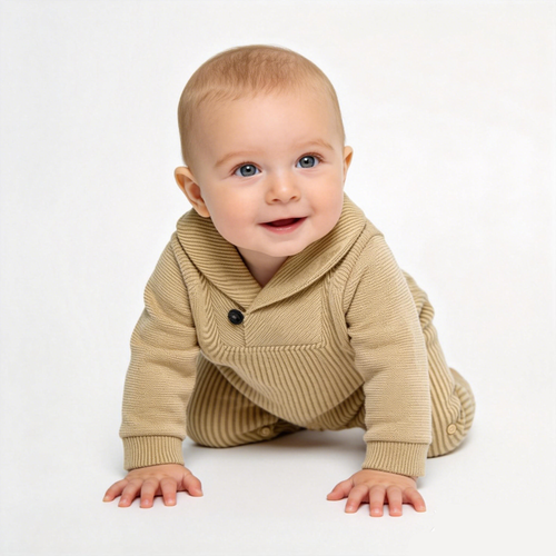 Baby Beige Knit Shawl Collar Romper