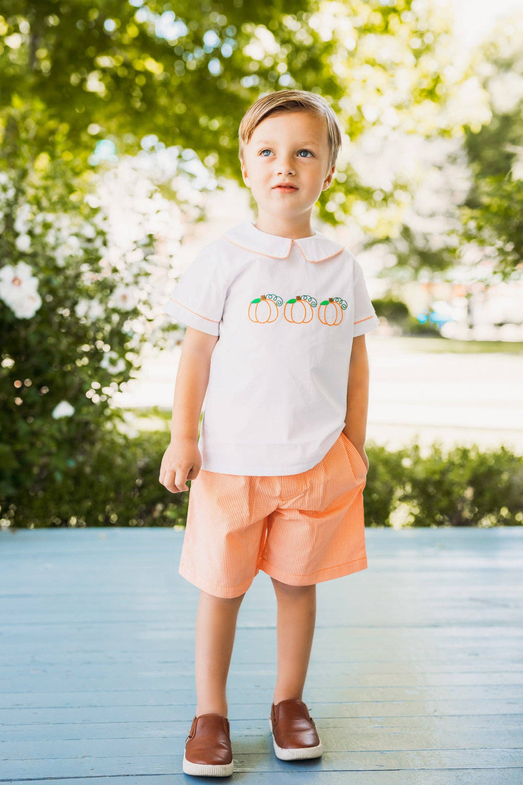 Proper Pumpkins Embroidered Orange Gingham Shorts Set