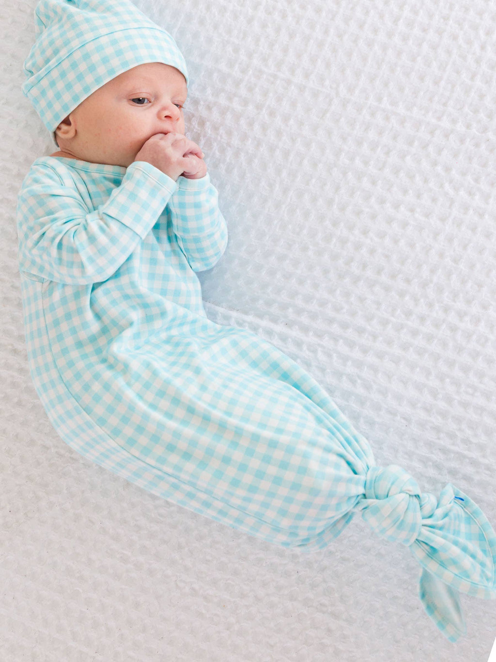Blue Breeze Gingham SoftSnooze™ Knotted Gown & Beanie Set