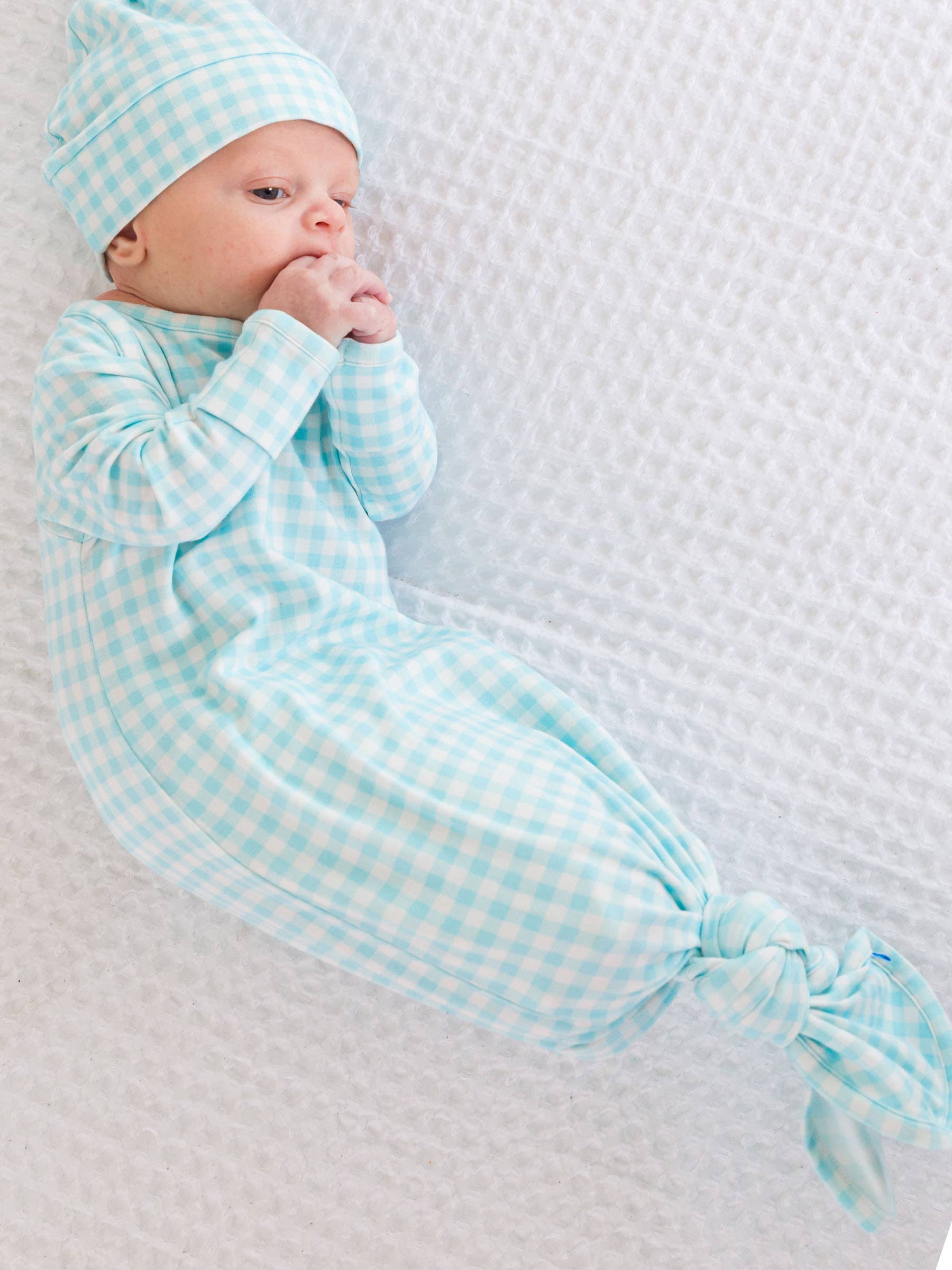 Blue Breeze Gingham SoftSnooze™ Knotted Gown & Beanie Set