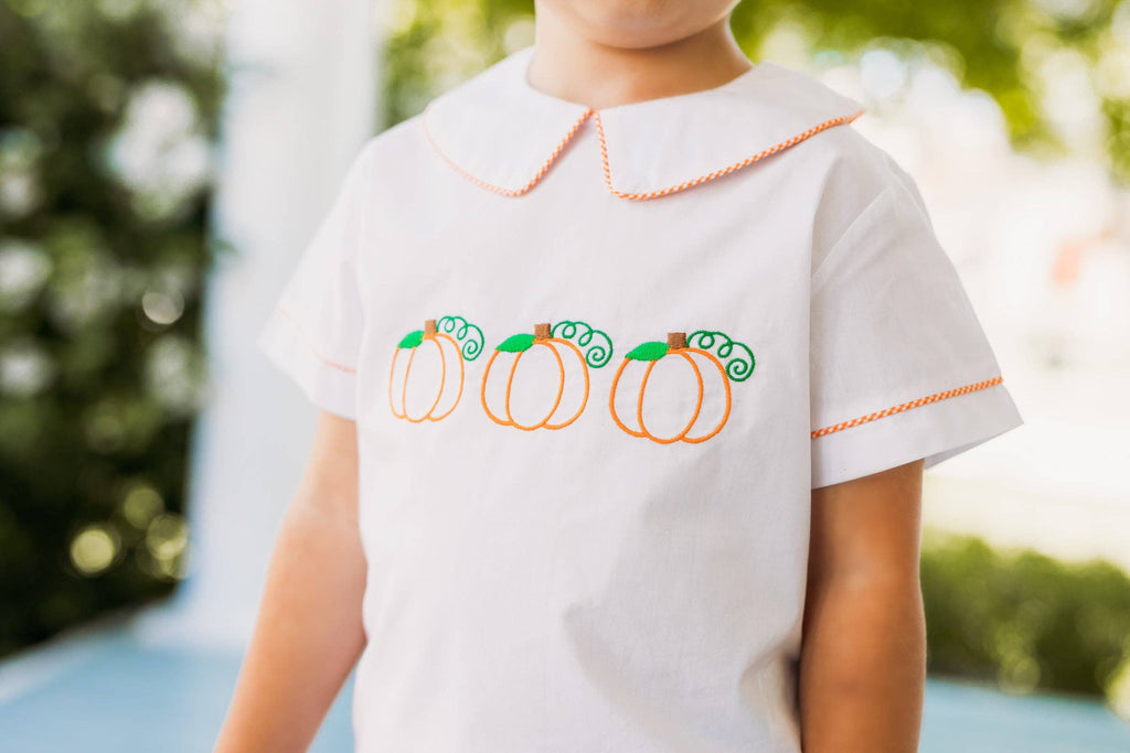Proper Pumpkins Embroidered Orange Gingham Shorts Set