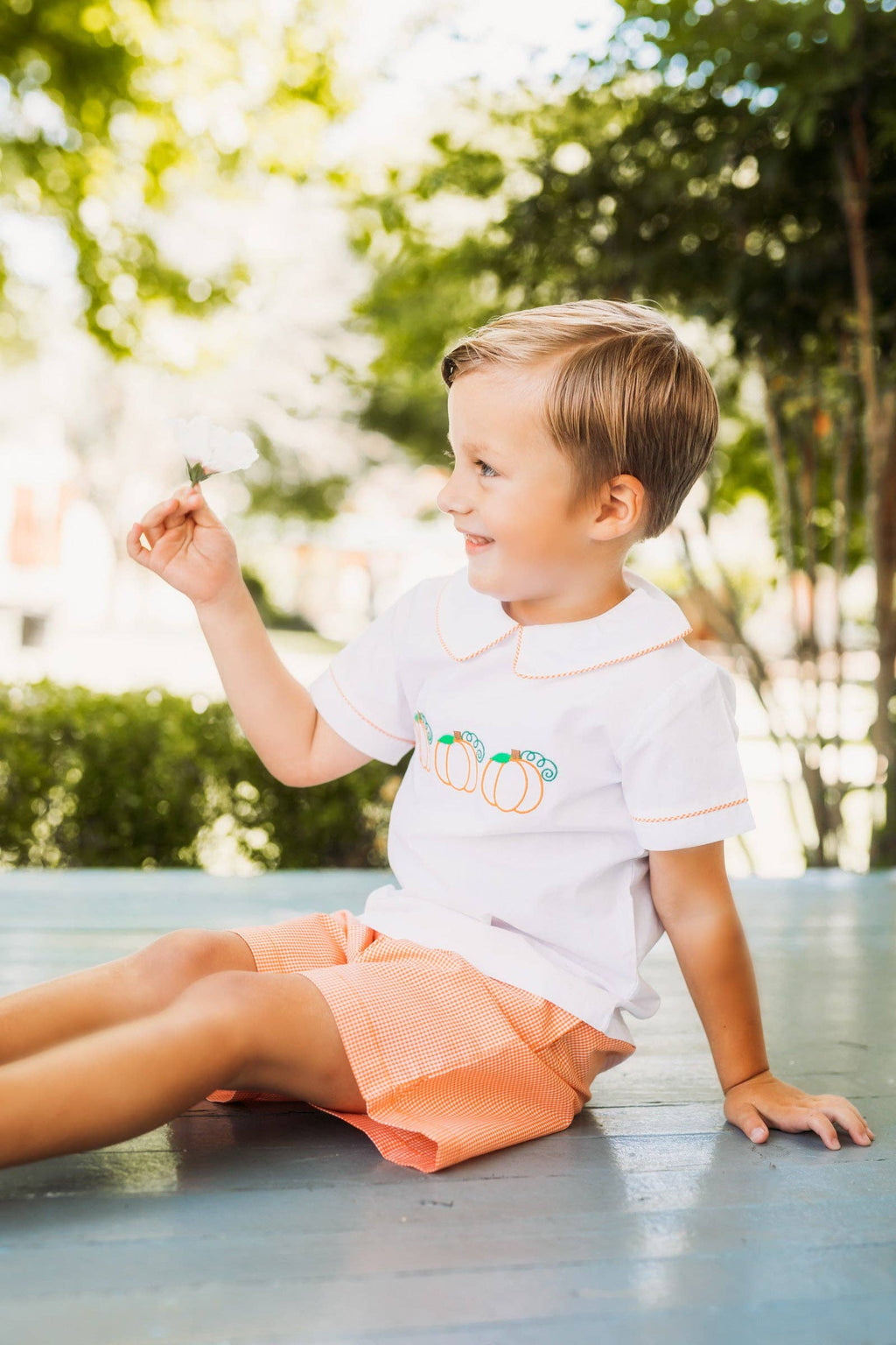 Proper Pumpkins Embroidered Orange Gingham Shorts Set