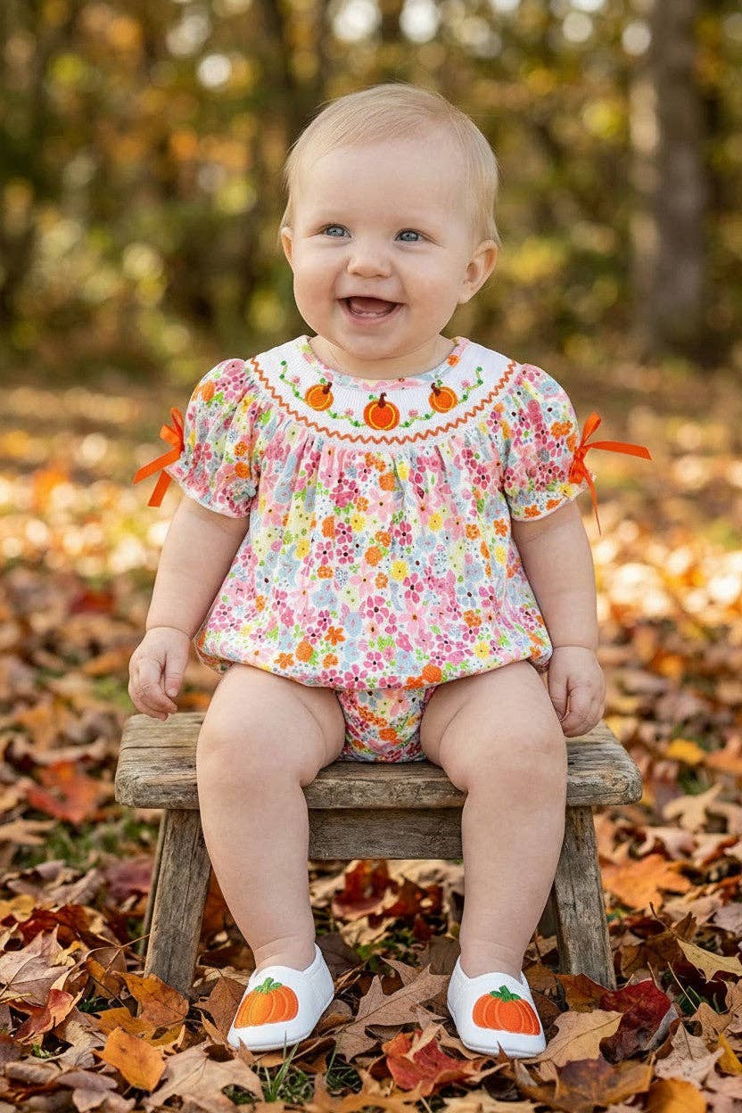 Pumpkin Garden Smocked Baby Bubble Romper