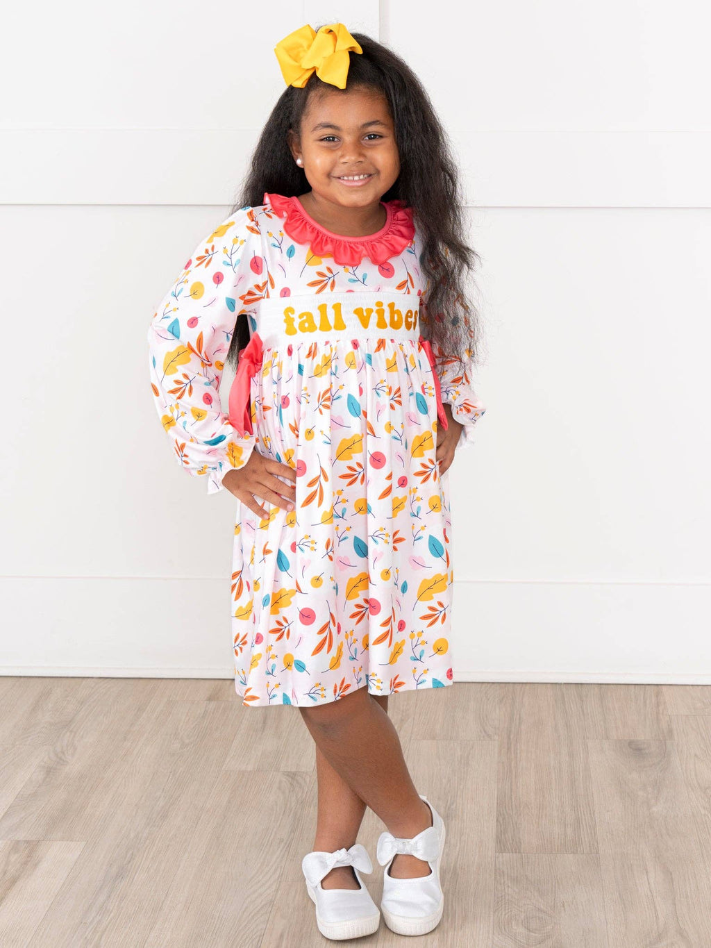 "Fall Vibes" Smocked Ruffle Leaves Dress