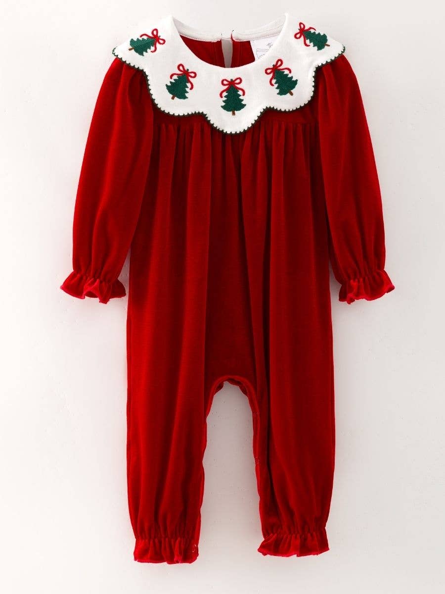 Classic Christmas Tree Embroidered Velvet Romper