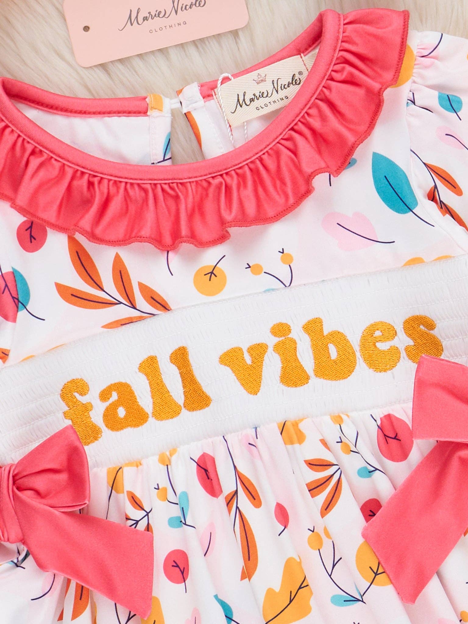 "Fall Vibes" Smocked Ruffle Leaves Dress