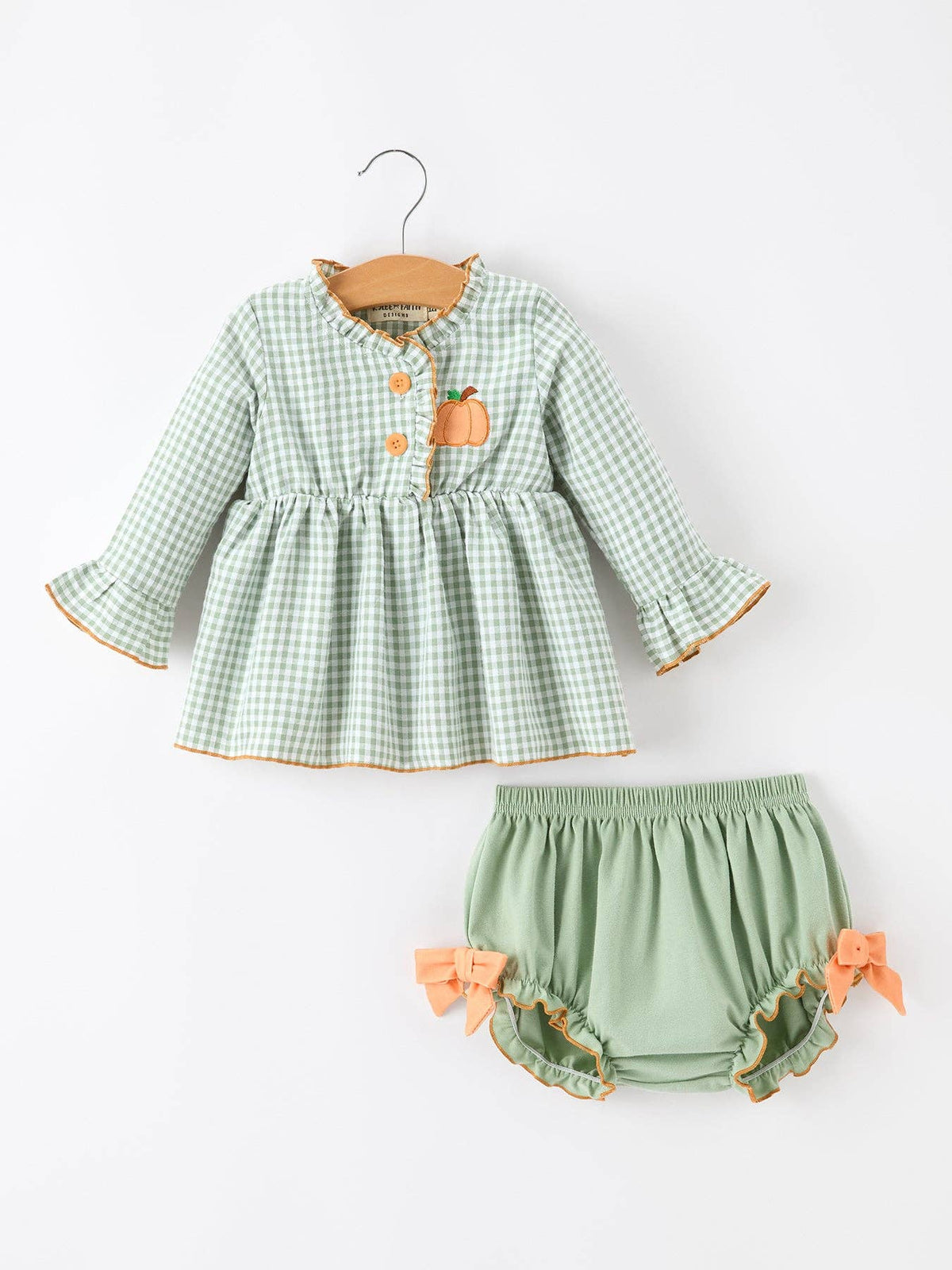 Green Gingham Pumpkin Ruffle Top & Bloomer Set