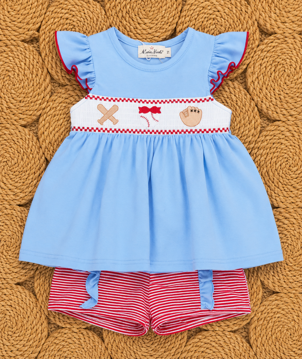 Home Run Batter Smocked Ruffle Short Set