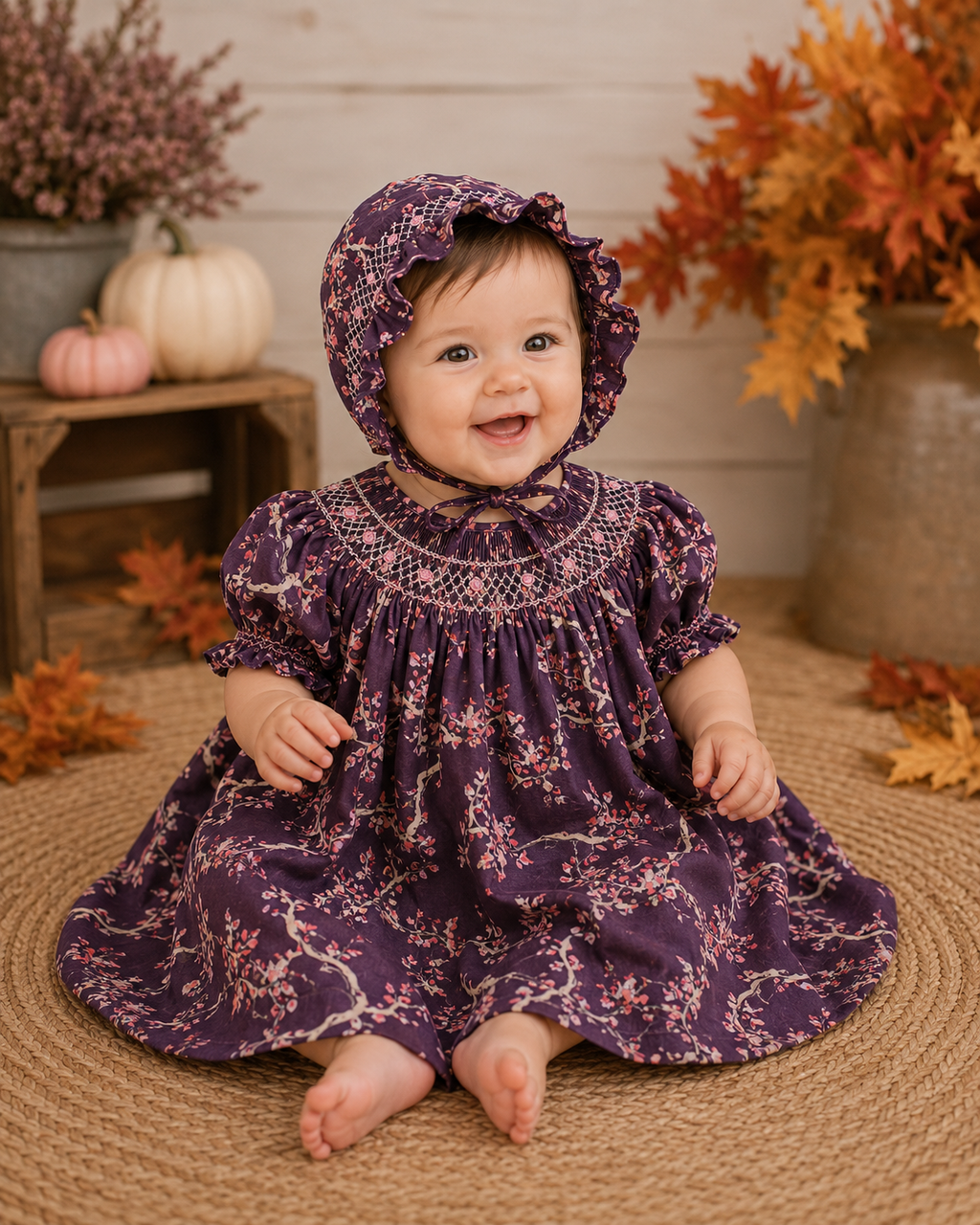 Plum Blossom Smocked Dress & Bonnet