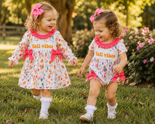 "Fall Vibes" Smocked Ruffle Leaves Bubble Romper