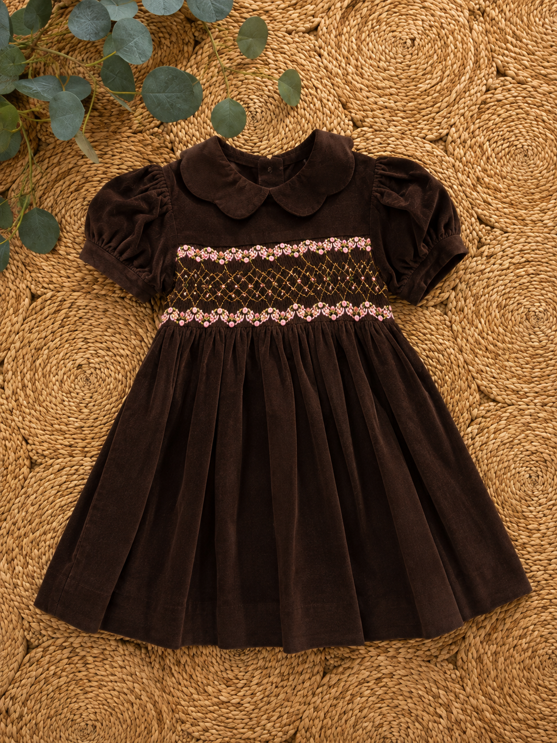 Brown Smocked Rose Corduroy Dress