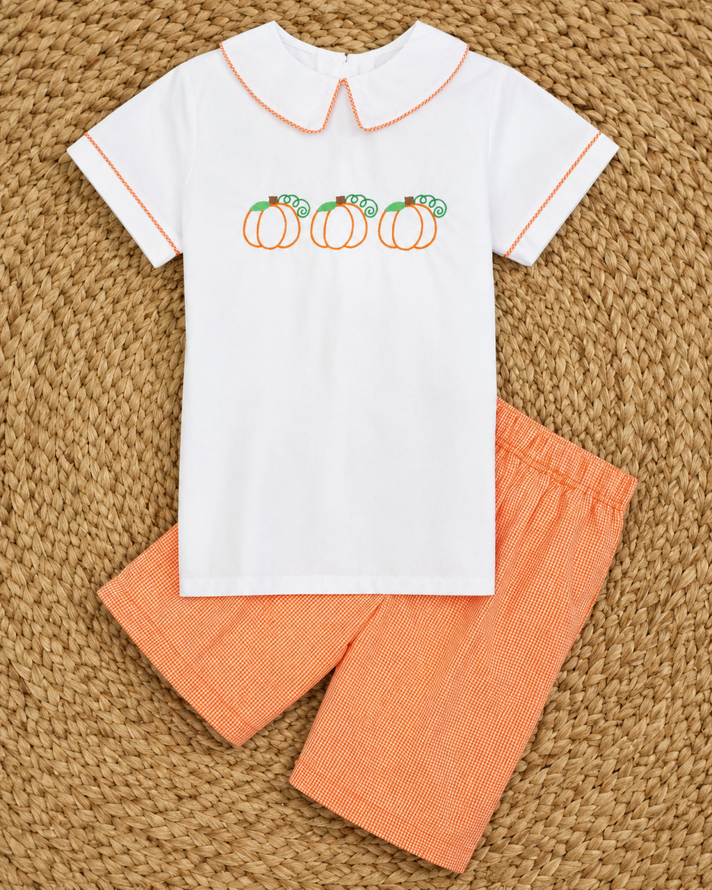 Proper Pumpkins Embroidered Orange Gingham Shorts Set