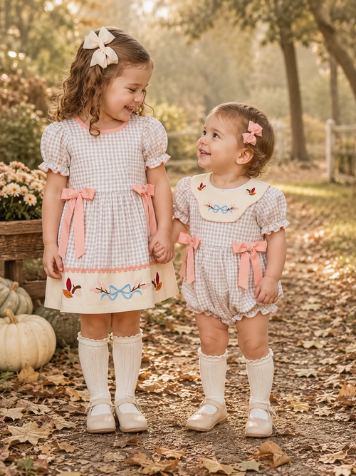 Autumn Acorns Bows Embroidered Plaid Bubble Romper