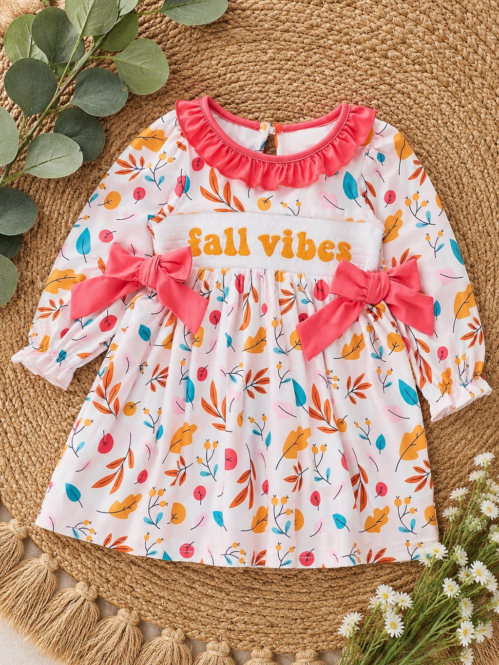"Fall Vibes" Smocked Ruffle Leaves Dress