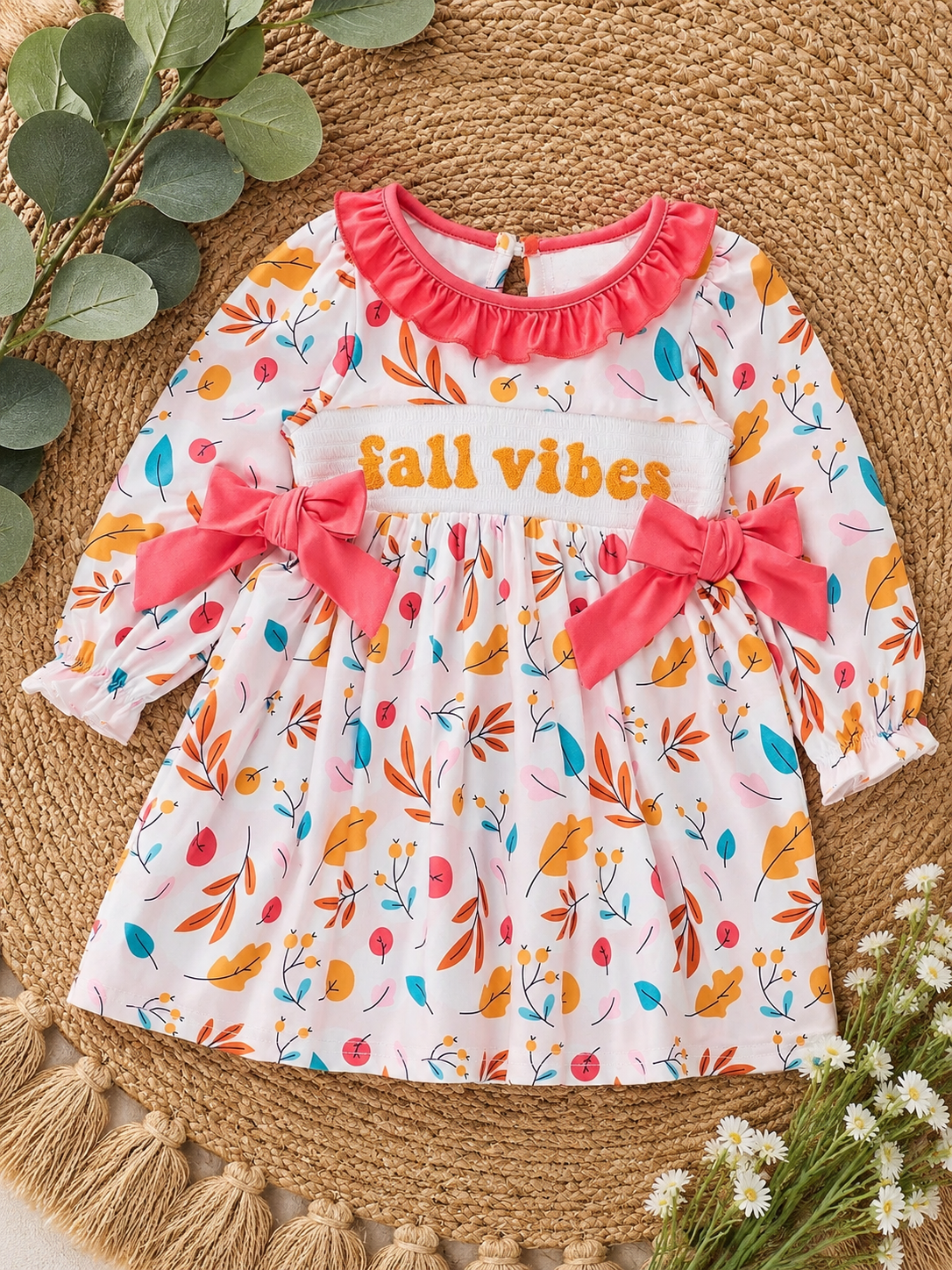"Fall Vibes" Smocked Ruffle Leaves Dress