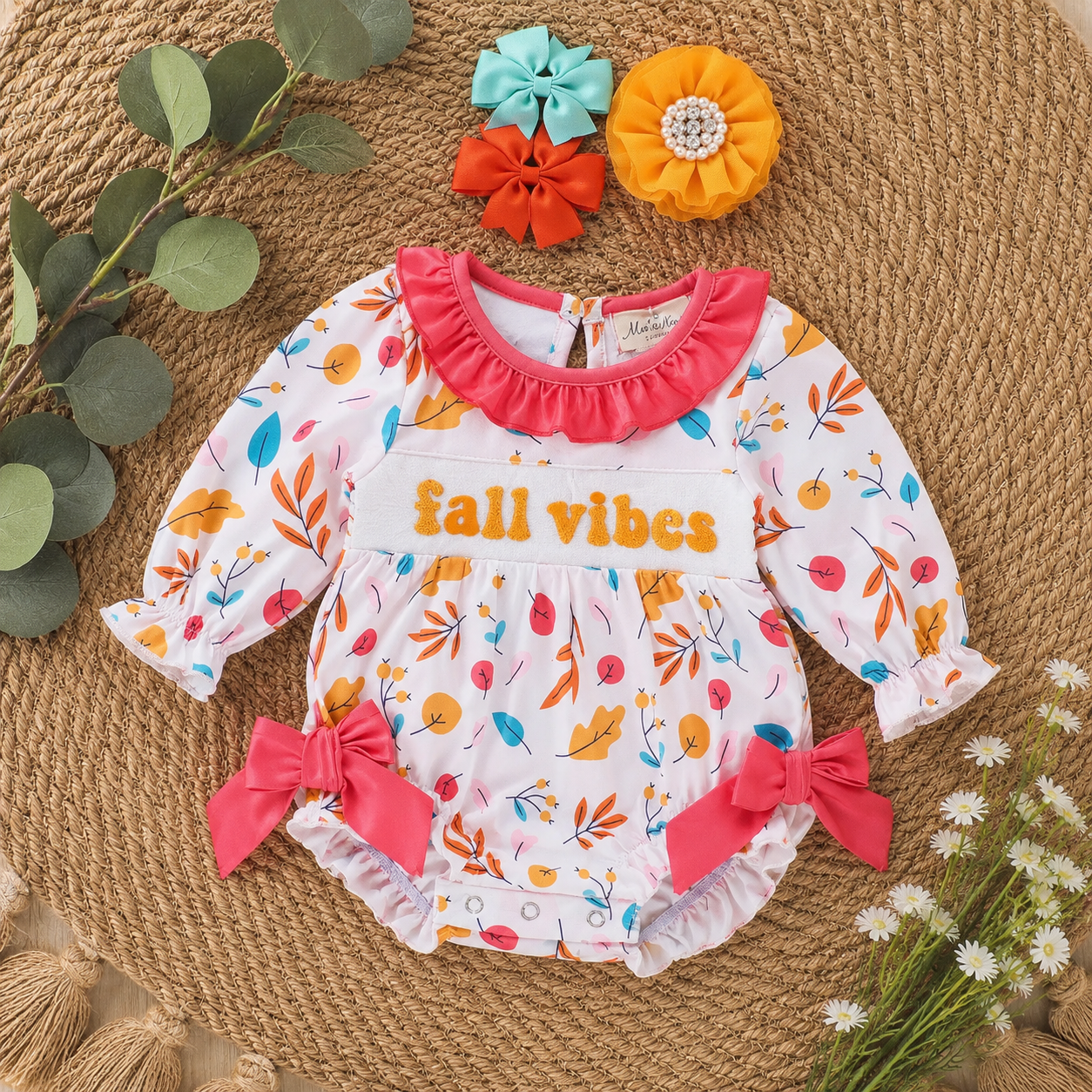 "Fall Vibes" Smocked Ruffle Leaves Bubble Romper