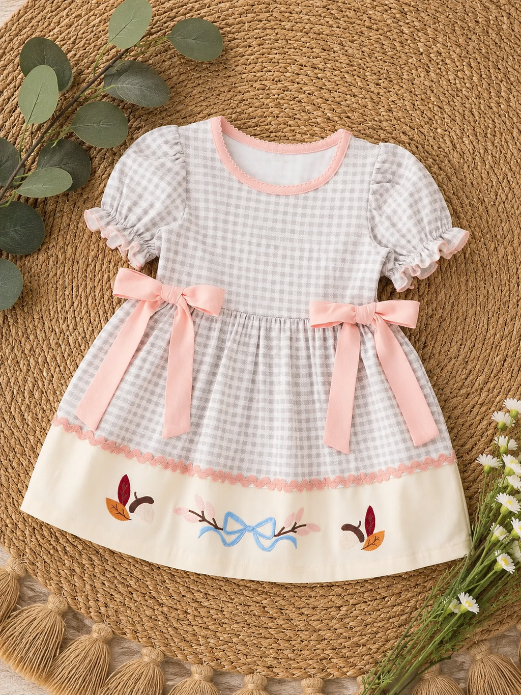 Autumn Acorns Bows Embroidered Plaid Dress