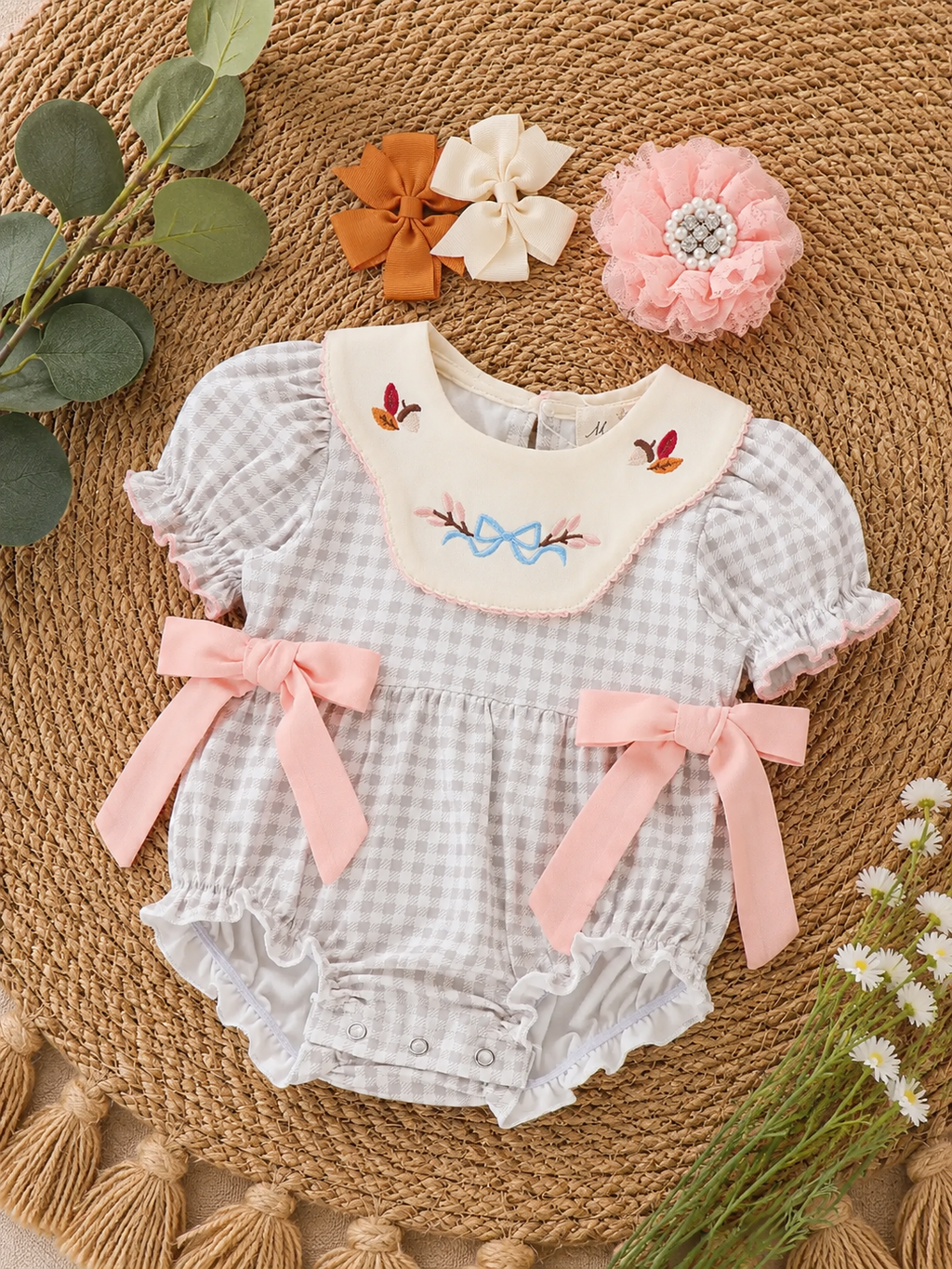 Autumn Acorns Bows Embroidered Plaid Bubble Romper