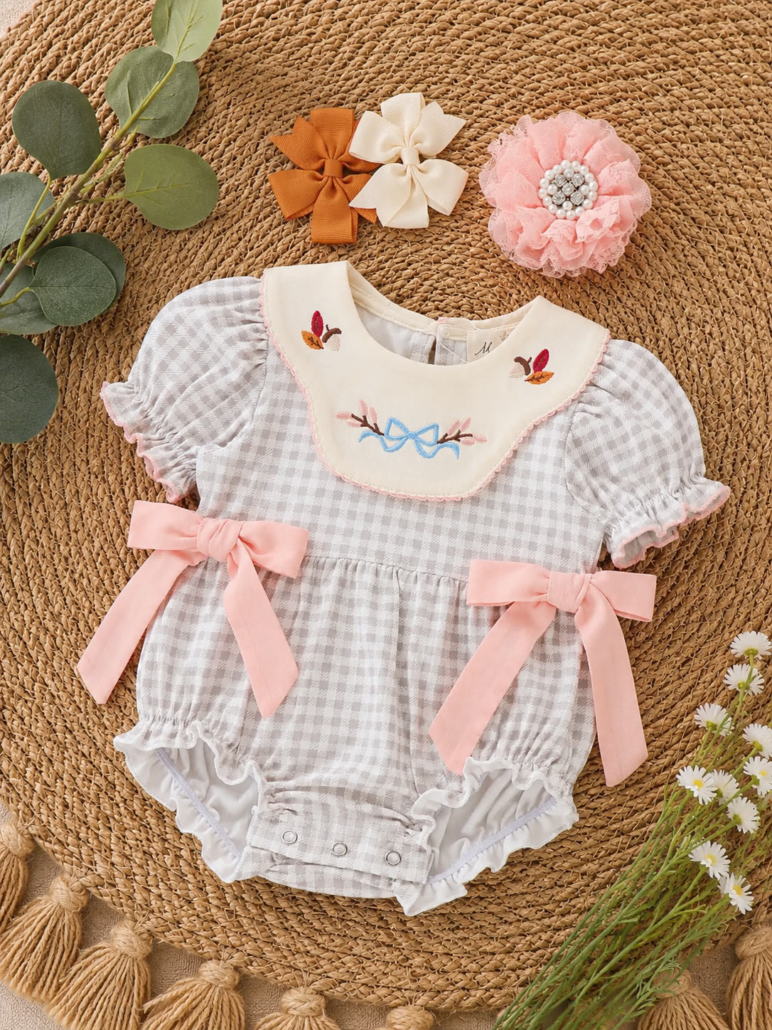 Autumn Acorns Bows Embroidered Plaid Bubble Romper