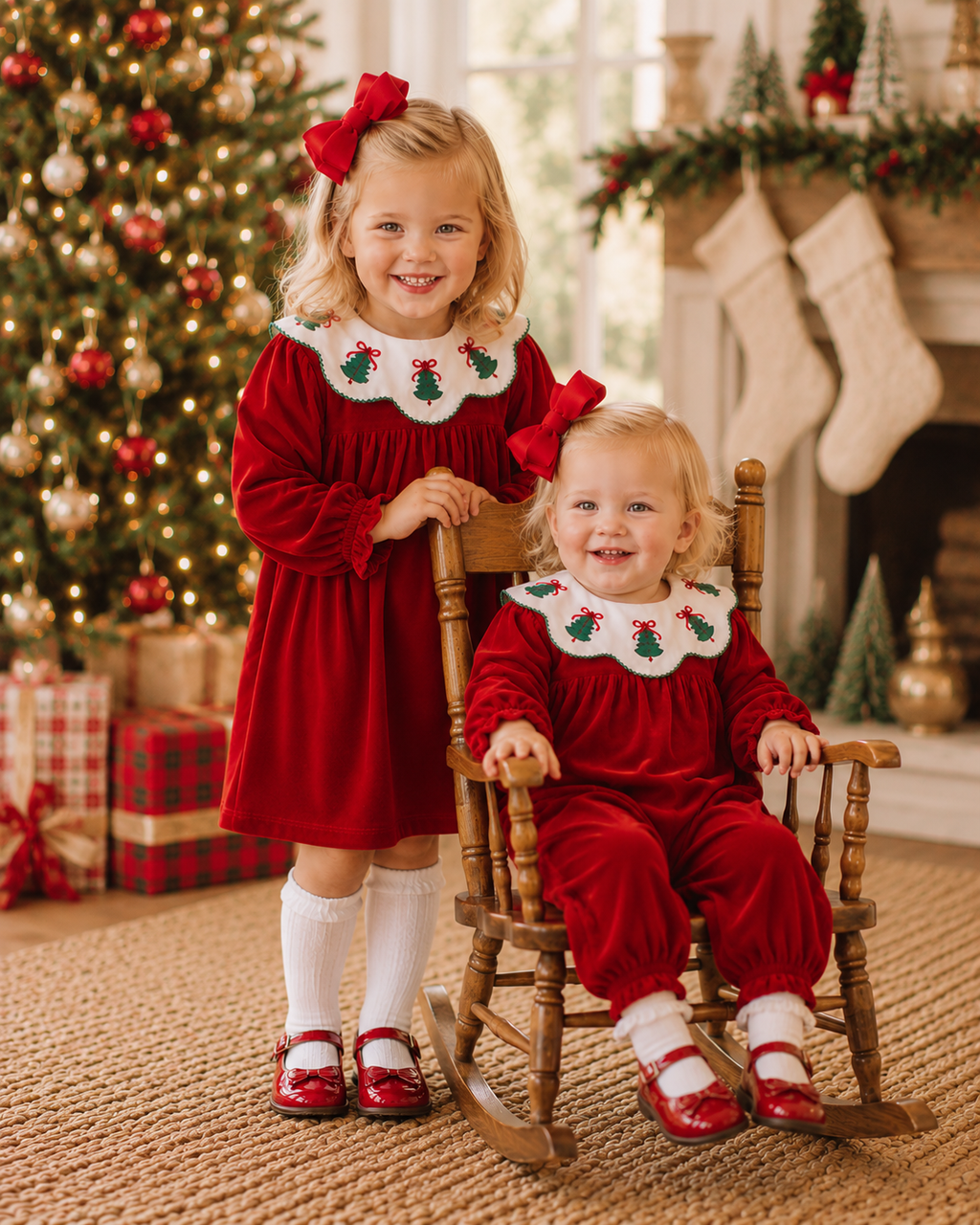 Classic Christmas Tree Embroidered Velvet Romper