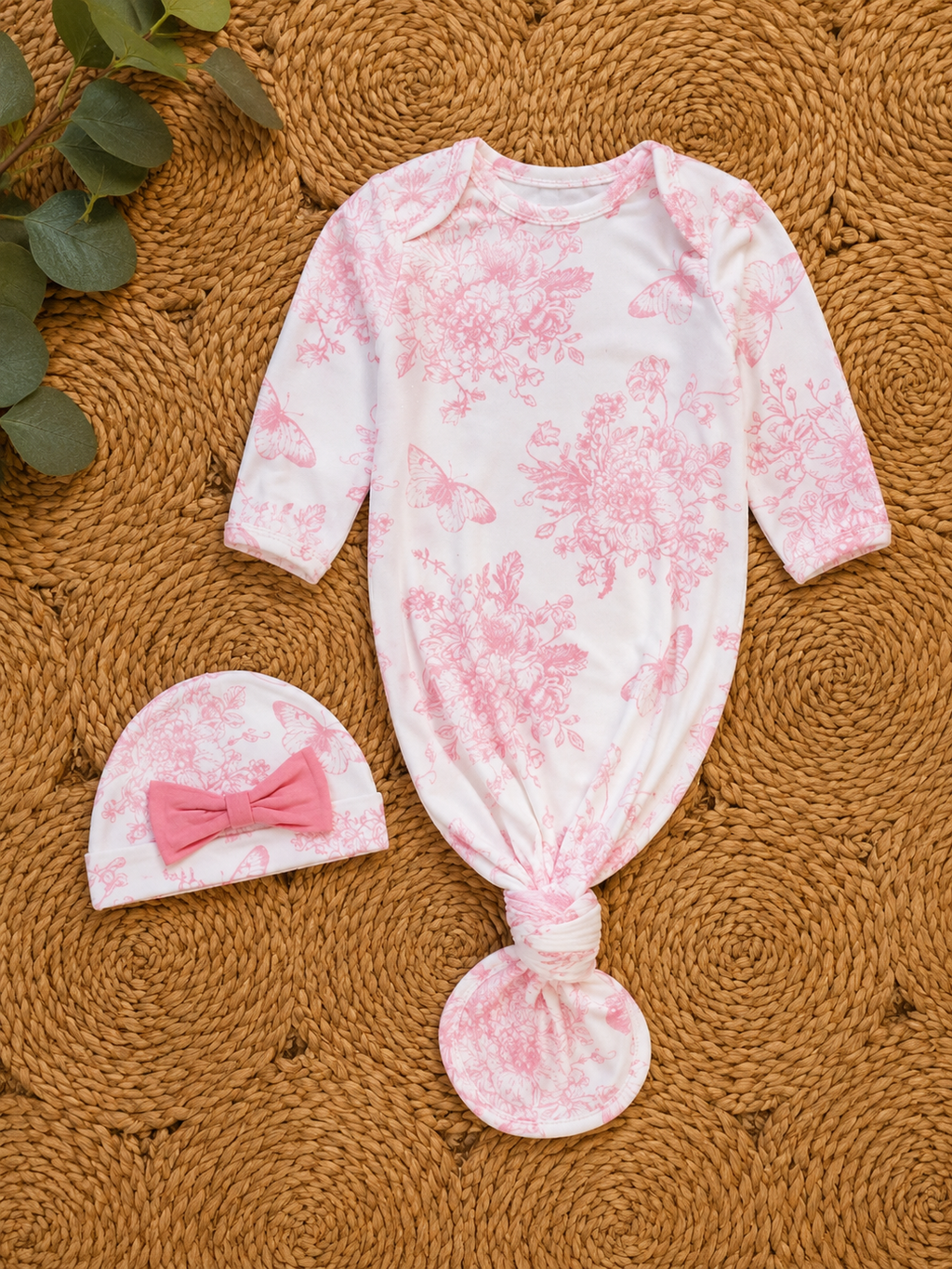 Pink Butterfly Garden Toile SoftSnooze™ Baby Girls Bamboo Ruffle Knotted Sleep Gown & Bow Hat Set