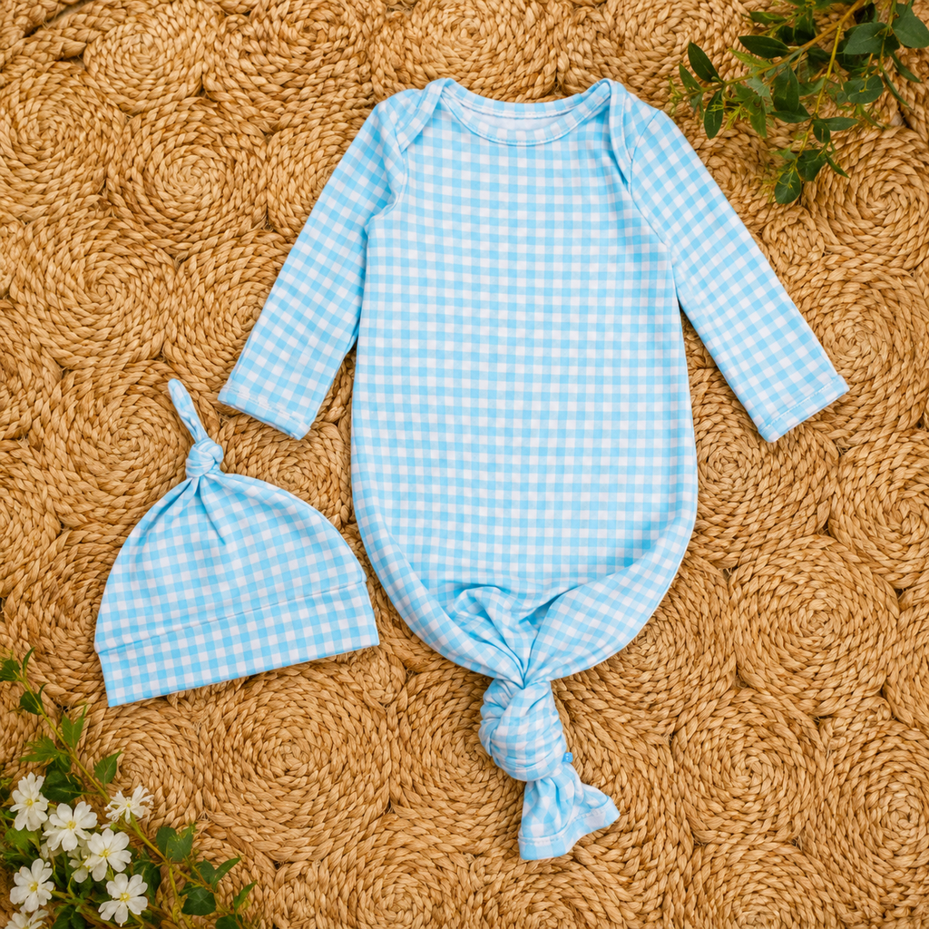 Blue Breeze Gingham SoftSnooze™ Knotted Gown & Beanie Set