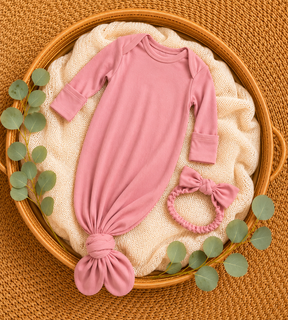 Solid Rose Elegance Knotted Gown & Headband Set