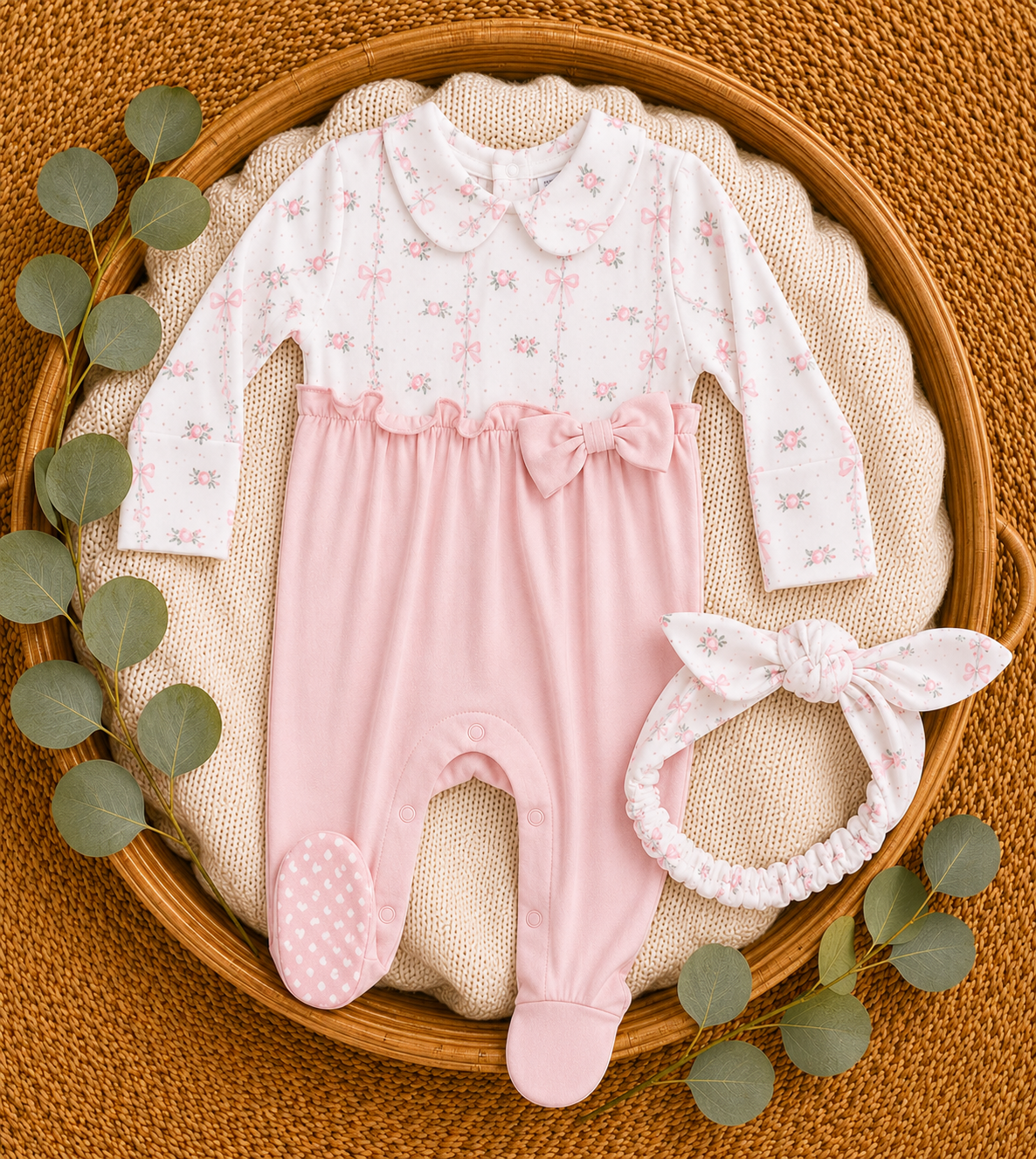 Dainty Buds and Bows Footie with Knotted Headband