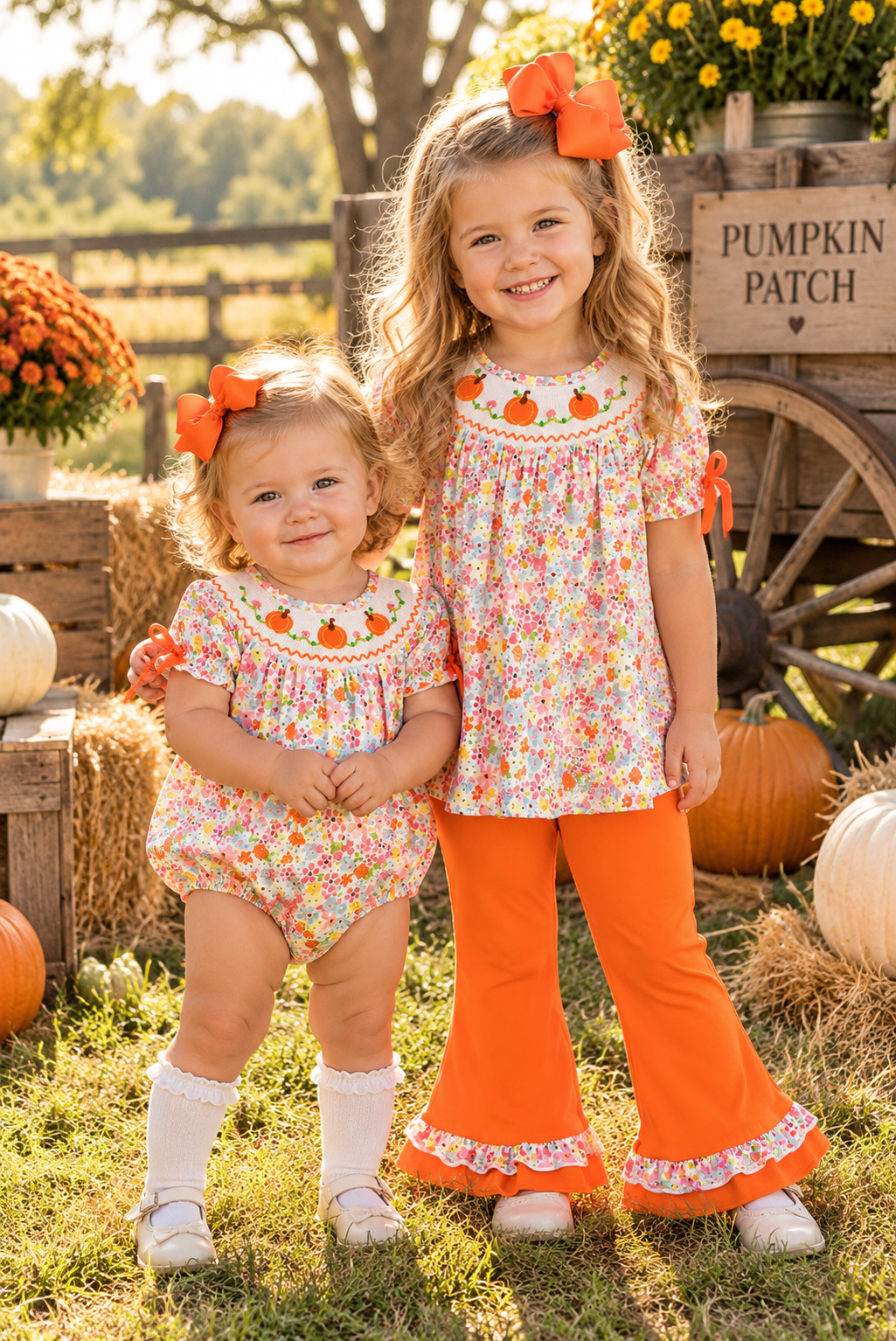 Pumpkin Garden Smocked Baby Bubble Romper