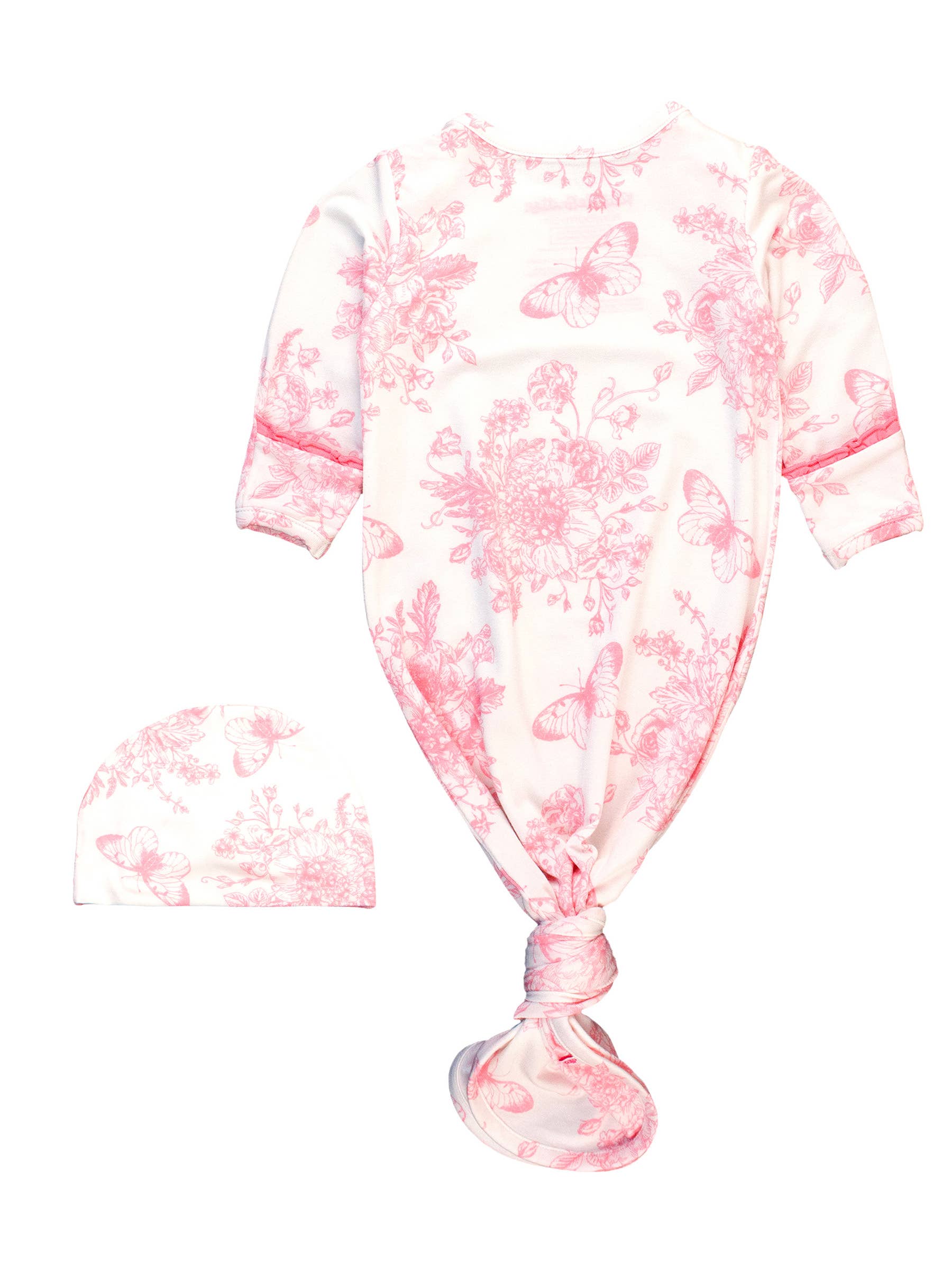 Pink Butterfly Garden Toile SoftSnooze™ Baby Girls Bamboo Ruffle Knotted Sleep Gown & Bow Hat Set