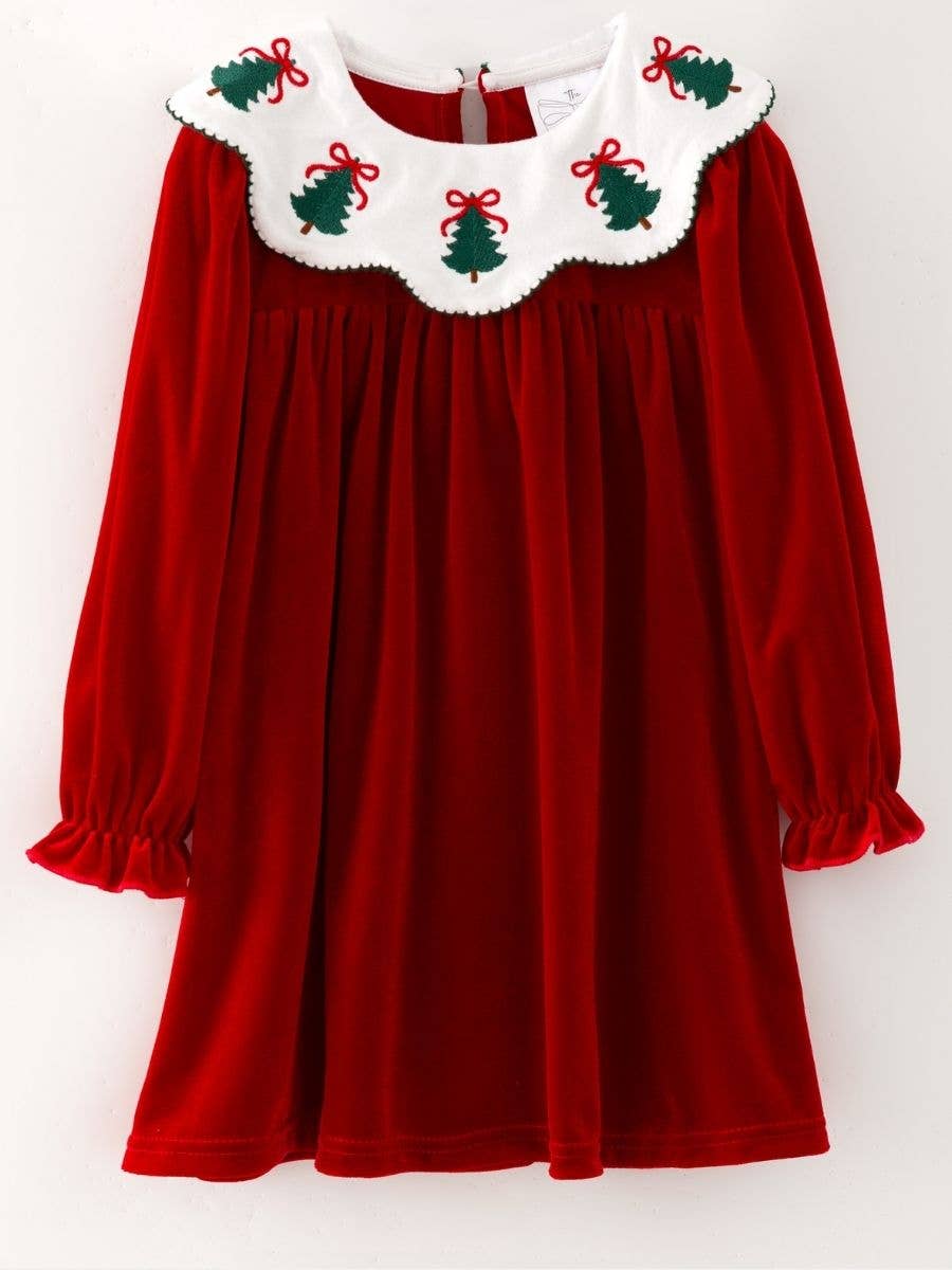 Classic Christmas Tree Embroidered Velvet Dress