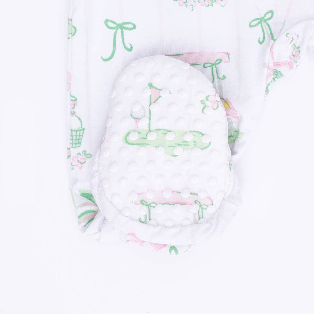 Pretty Golf Ruffle Back 2-Way Zipper Footie with Knotted Hat
