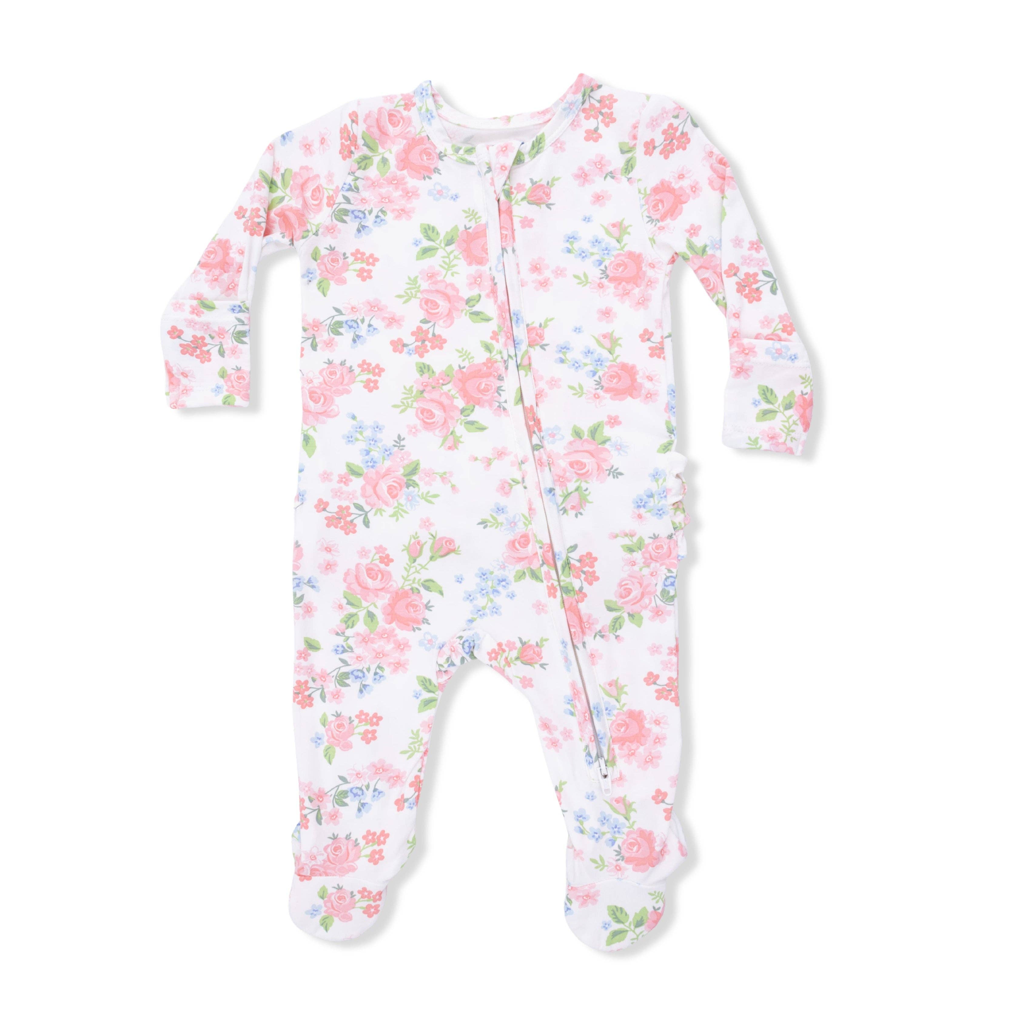 Pink Rose Garden Ruffle Back Footie