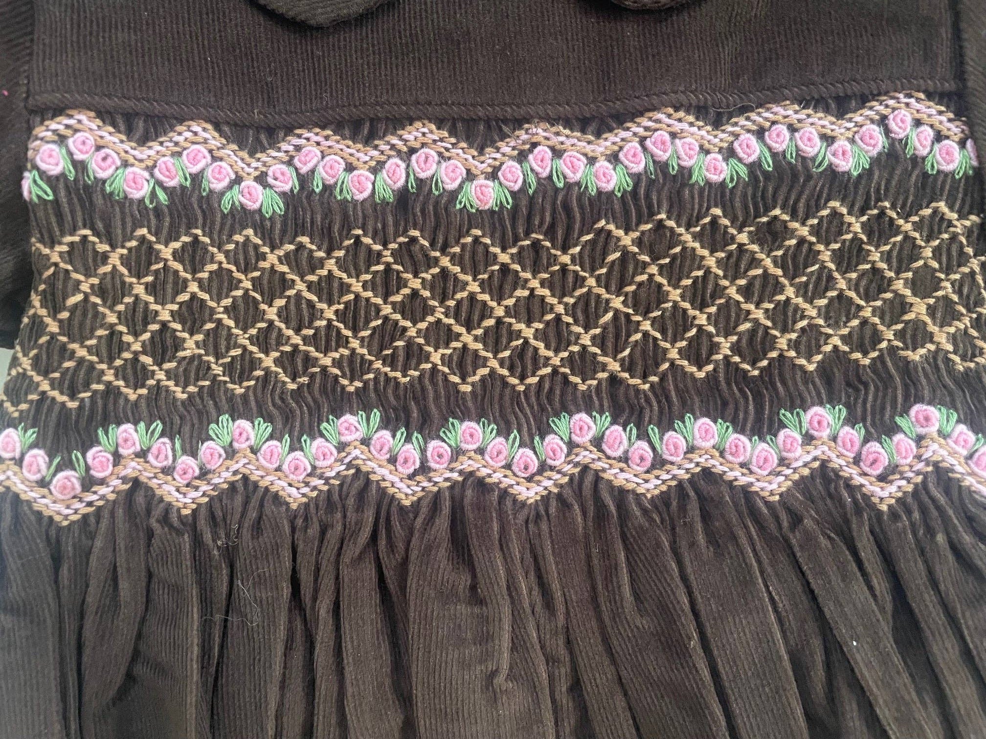 Brown Smocked Rose Corduroy Dress