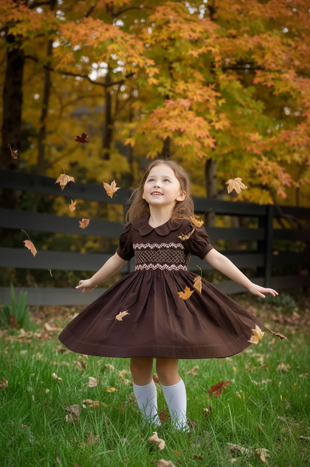 Brown Smocked Rose Corduroy Dress