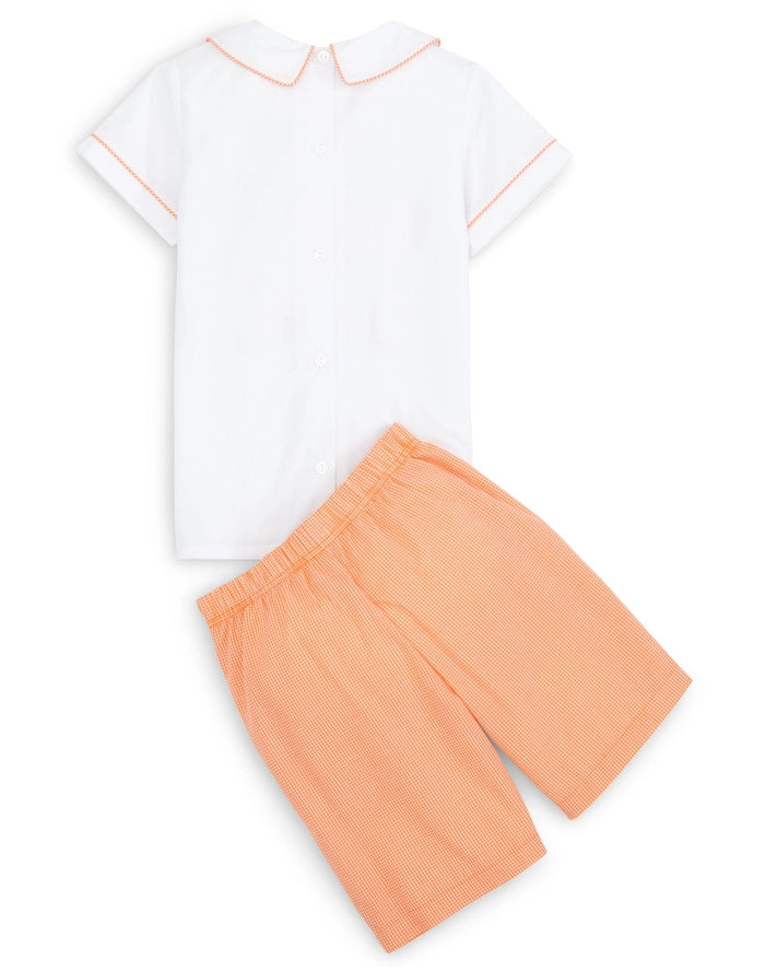 Proper Pumpkins Embroidered Orange Gingham Shorts Set