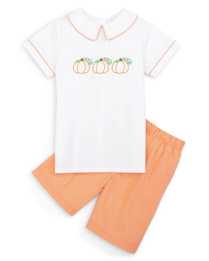 Proper Pumpkins Embroidered Orange Gingham Shorts Set